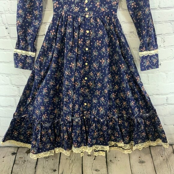 Gunne Sax Dress Vintage 70’s Prairie Girl Floral Print Lace High Collar XS Jr 5 - Picture 5 of 12